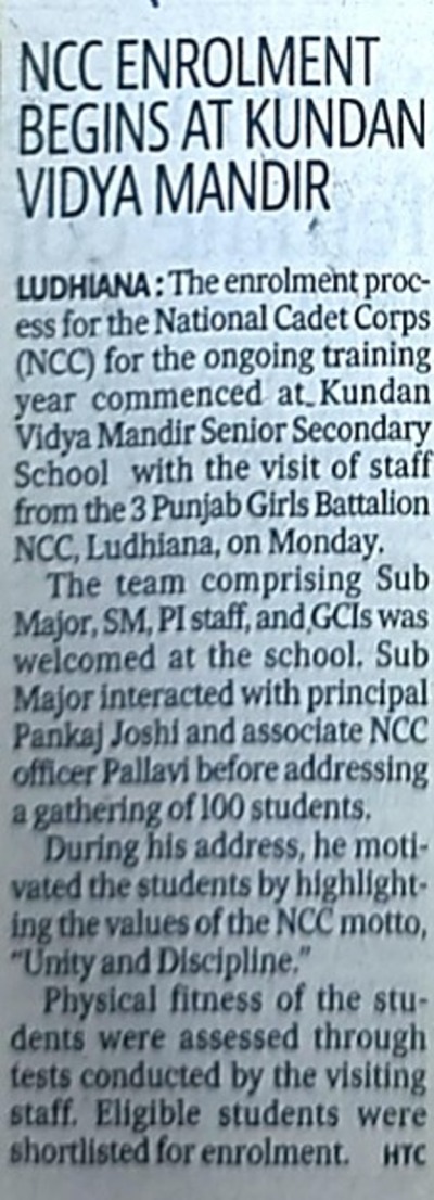 NCC ENROLMENT BEGINS AT KUNDAN VIDYA MANDIR